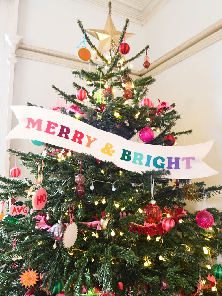 merry and bright colourful christmas tree decoration